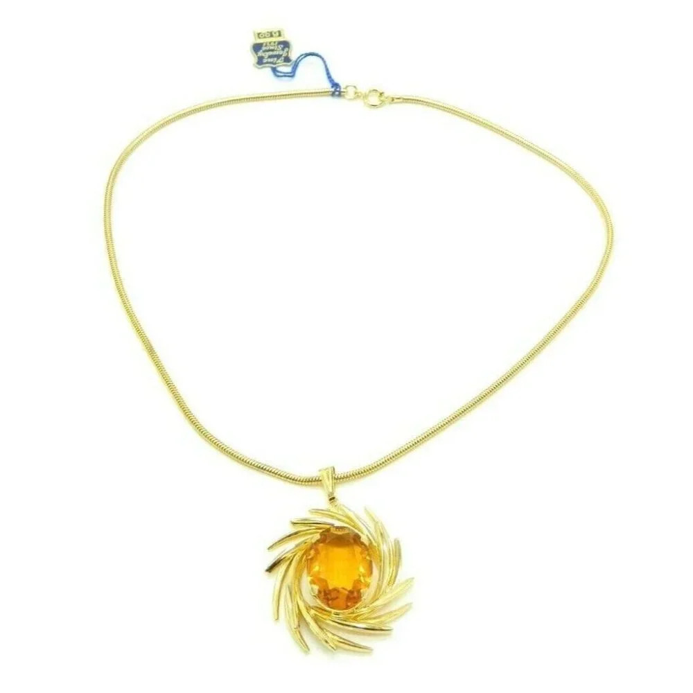 Pcraft Topaz Glass Rhinestone Gold Tone Starburst Pendant Necklace Vintage 1960s